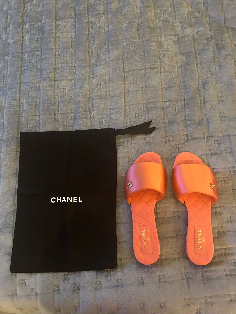 CHANEL Coral Pink Slide Sandal with Gold CC Accent